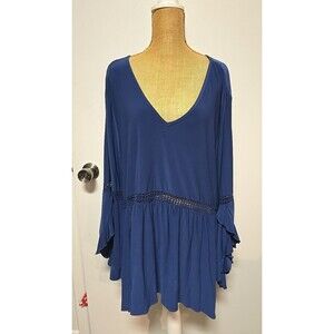 New Directions 3X Top Stretch Knit Long Ruffled  Lace Inset Sleeve  NAVY BLUE